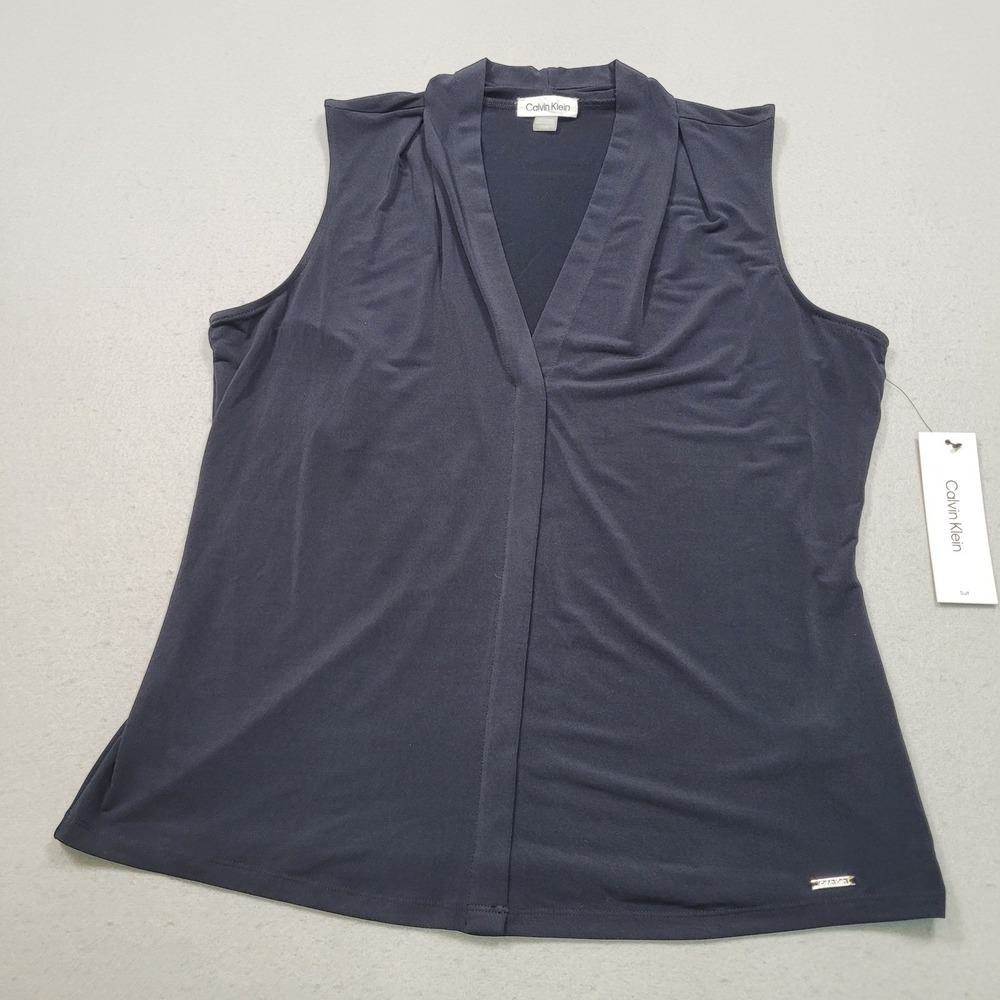 Calvin Klein Womens Sleeveless V-Neck Shell Blouse Navy Blue Black Large